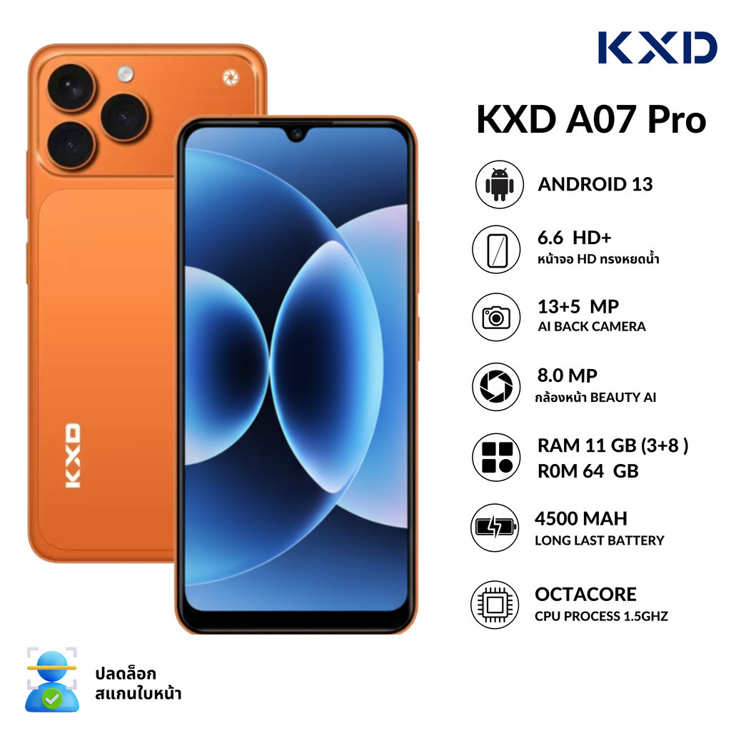 มือถือแอนดรอยด์น่าใช้ KXD A07 Pro สเปกเกินราคา ฟังก์ชันมาเต็ม แบตเตอรี่ความจุ 4,500 mAh ที่ชาร์จผ่านพอร์ต Type-C ตามมาตรฐานสากล นอกจากนี้ยังมาพร้อมกล้องหลัง AI Triple Camera 13MP ที่ถ่ายภาพได้สวยงามเกินคุ้ม และระบบความปลอดภัยที่ครบครันทั้งการสแกนลายนิ้วมือและใบหน้า